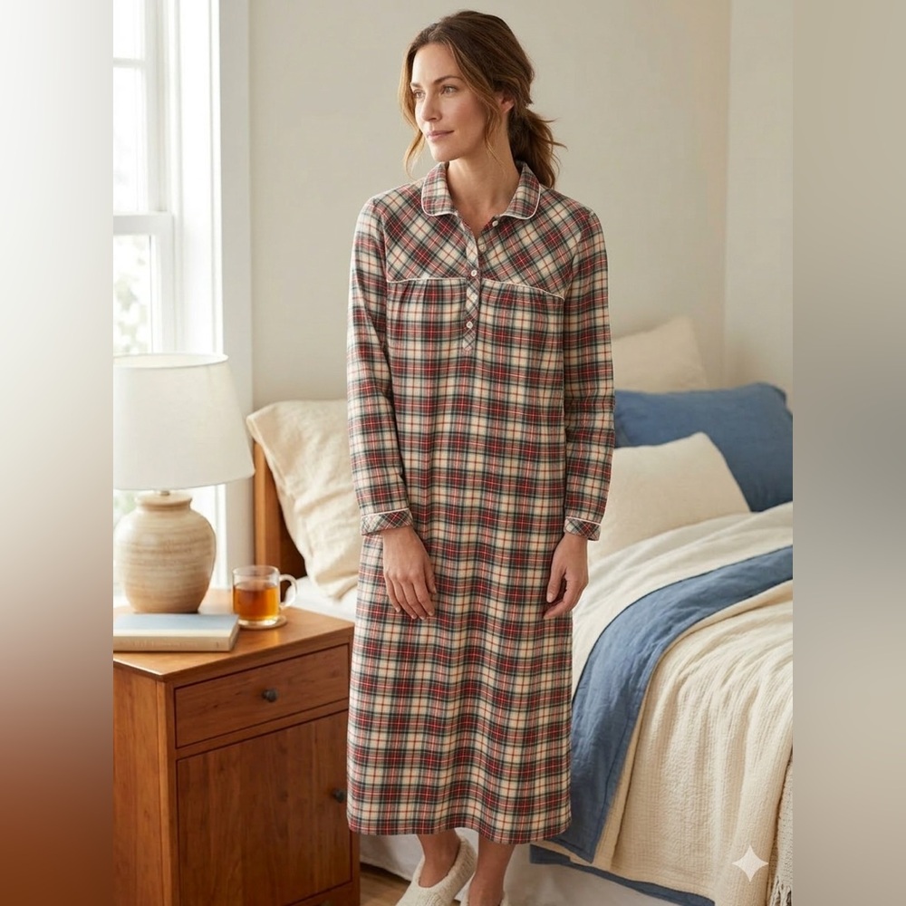 Vintage LL Bean Nightgown Scotch Plaid Tartan Flannel Cottagecore Flannel Modest